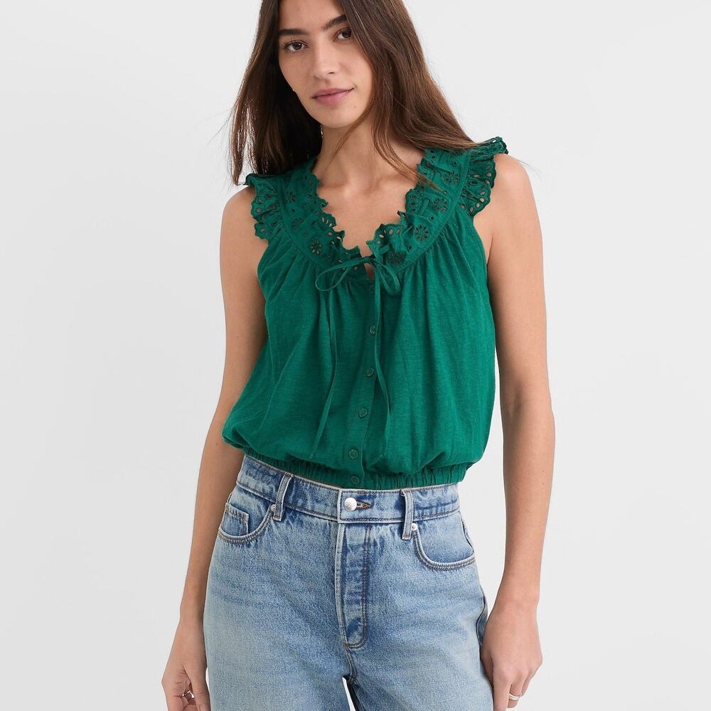 LOFT Green Eyelet Ruffle Tie Neck Button Sleeveless Cotton Top Large Petite NWT